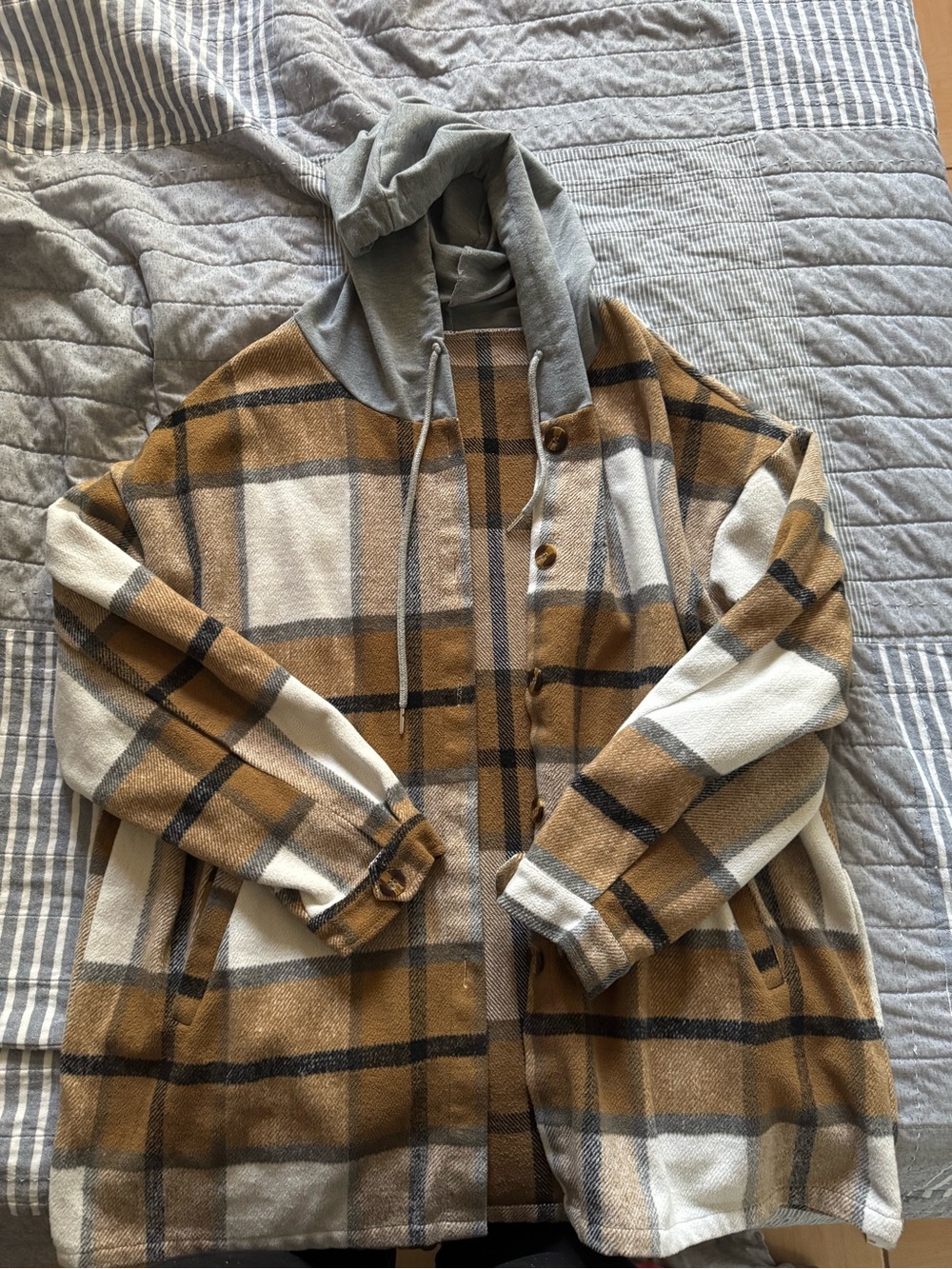 Plaid Hooded Overshirt Jacket in Camel and Gray